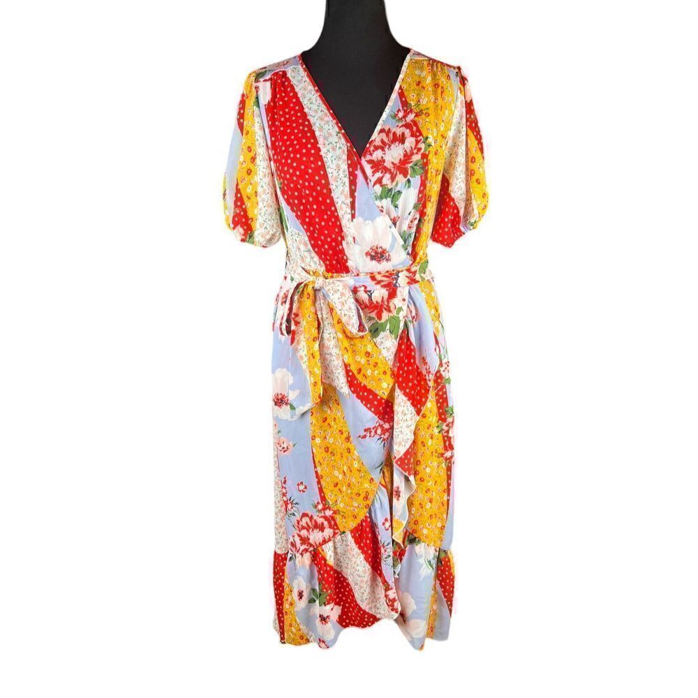 Ny & Co multicolor patterned floral faux wrap midi flowy dress cottagecore M
